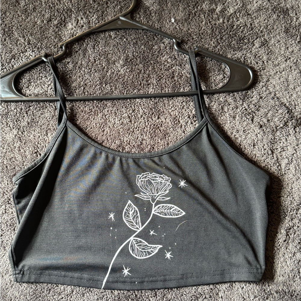 SHEIN Black Tank Top with White Rose Design